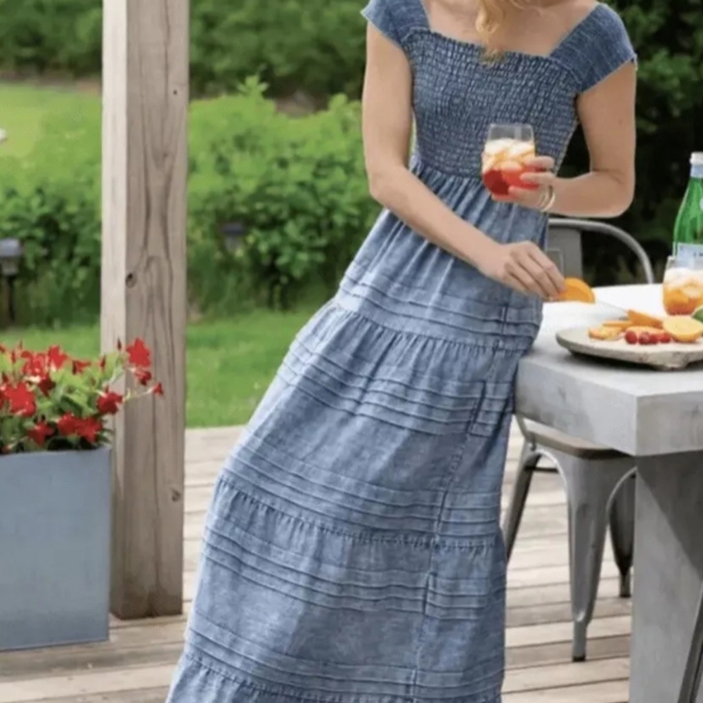 Soft Surroundings PETITE XL PXL Rocaille Chambray Denim Smocked Maxi Dress NWT